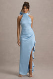 Maureen Powder Blue Satin High-Neck Draped Maxi Dress
