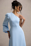 Haila Powder Blue Satin One-Shoulder Maxi Dress