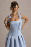 Alberta Powder Blue Satin Midi Dress With Bow Straps