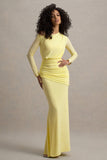 Deanna Lemon Asymmetric Long-Sleeve Ruched Maxi Dress