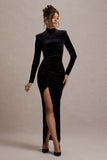 Jaz Black Velvet High-Neck Gathered Split Maxi Dress