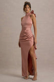 Maureen Pink Satin High-Neck Draped Maxi Dress