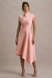 Velma Light Pink Satin Midi Dress With Draped Hem