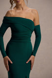 Stand Out Bottle Green Bardot Long Sleeve Ruched Maxi With Side Split