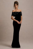 West End Black Velvet Embellished Bardot Maxi Dress