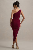 Dorit Burgundy One Shoulder Asymmetric Ruched Midi Dress
