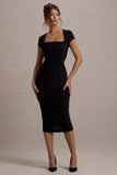 Lorenzie Black Square-Neck Short-Sleeve Twist Midi Dress