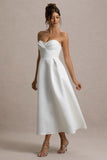 Wintour White Satin Sweetheart Midi Dress