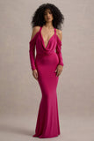 Hurghada Hot Pink Plunge-Neck Long-Sleeve Maxi Dress