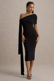 Vallea Black One-Shoulder Draped Midi Dress