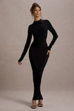 Hespera Black High-Neck Long-Sleeve Gathered Maxi Dress