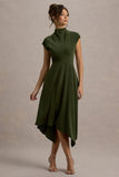 Velma Olive Satin Midi Dress With Draped Hem