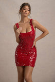 Vegas Red Sequin Square-Neck Mini Dress