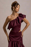Sandie Merlot Satin Bardot Ruffled Crop Top