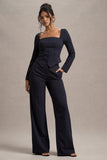 New York Navy Pinstripe Tailored Wide-Leg Trousers