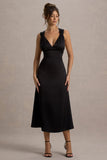 Beck Black Satin Plunge-Neck Cross-Back Midi Dress