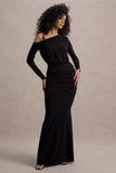 Deanna Black Asymmetric Long-Sleeve Ruched Maxi Dress