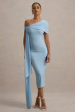 Vallea Powder Blue One-Shoulder Draped Midi Dress
