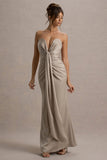 Mackenzie Champagne Satin Plunge-Neck Draped Maxi Dress