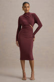 Pandora Burgundy Long-Sleeve Midi Dress With Cut-Out