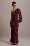 Lalika Burgundy Asymmetric One-Sleeve Ruffle Maxi Dress