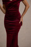 Apolline Berry Velvet Off The Shoulder Ruched Fishtail Maxi Dress