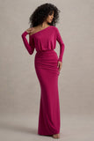 Deanna Hot Pink Asymmetric Long-Sleeve Ruched Maxi Dress