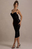 Whitney Black Velvet Floral Strappy Sweetheart Midi Dress