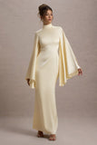 Maceline Ecru Satin High-Neck Maxi Dress With Cape Sleeves