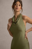 Amelita Khaki Satin Cowl-Neck Maxi Dress
