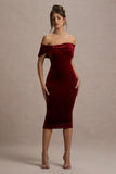 Snowflake Berry Velvet Bardot Bow Detail Midi Dress