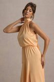Palonia Peach Satin High-Neck Split Midi Dress