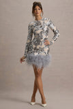Wynter Silver Sequin Long-Sleeve Feather-Trim Mini Dress