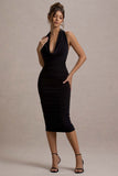 Coda Black Ruched Plunge-Neck Midi Dress