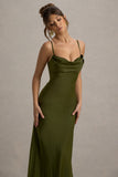 Eimear Olive Green Satin Draped Sweetheart Maxi Dress