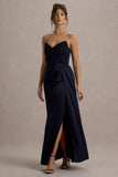 Edel Navy Satin Strapless Maxi Dress With Drape
