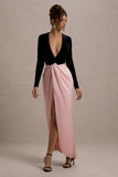 Love Spell Black Velvet Plunge-Neck Maxi Dress With Pink Satin Skirt