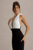 Payton Black & White Ruched Halter-Neck Maxi Dress