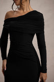 Valina Black Ruched Asymmetric Maxi Dress With Drape