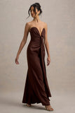 Mackenzie Brown Satin Plunge-Neck Draped Maxi Dress