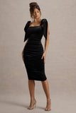 Tarna Black Velvet Midi Dress With Bow Straps