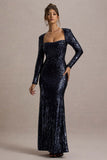 Ensley Navy Sequin Sweetheart Long-Sleeve Maxi Dress