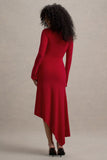 Serenita Red Asymmetric Long-Sleeve Midi Dress