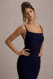 Adele Navy Backless Ruched Fishtail Cami Maxi Dress