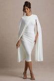 Marysol White Asymmetric Cape Midi Dress