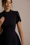 Carabella Black High-Neck Short-Sleeve Mini Dress