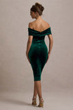 Snowflake Bottle Green Velvet Bardot Bow Detail Midi Dress