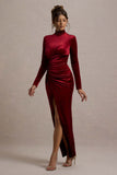 Jaz Berry Velvet High-Neck Gathered Split Maxi Dress