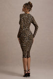 Vernazza Brown Animal Print Deep Plunge Midi Dress