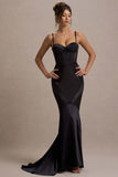 Custom Black Satin Sweetheart Corset Fishtail Maxi Dress